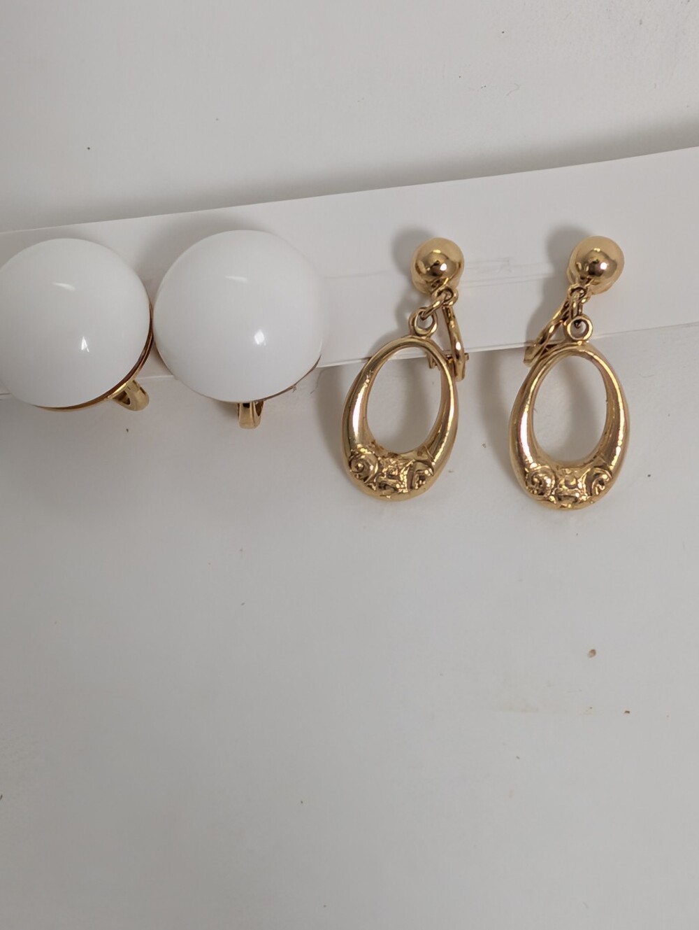 Trifari Petite Dangle Earrings Clip  on & White Round Ball Button Earrings